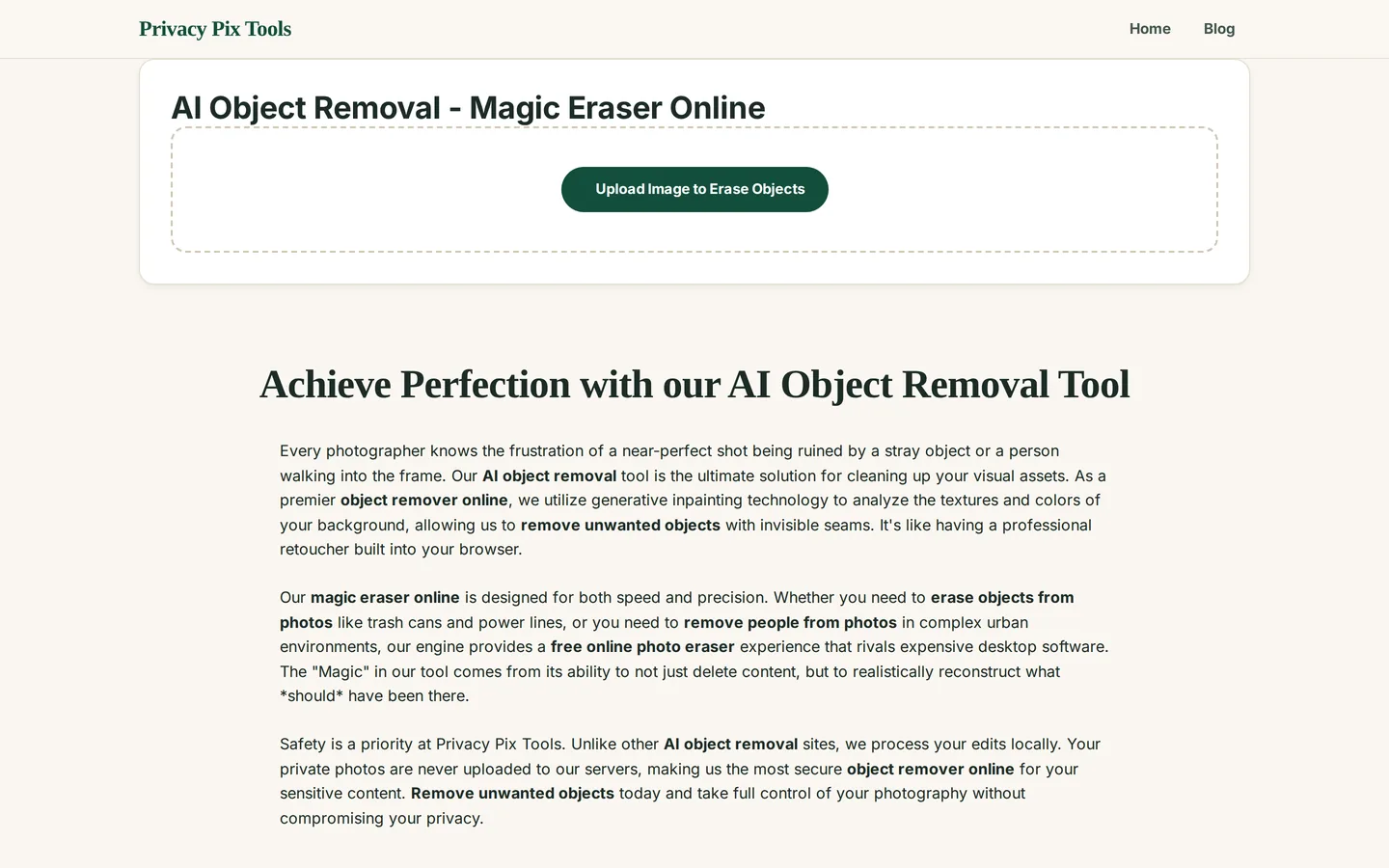 AI Object Eraser upload screen with Upload Image to Erase Objects button