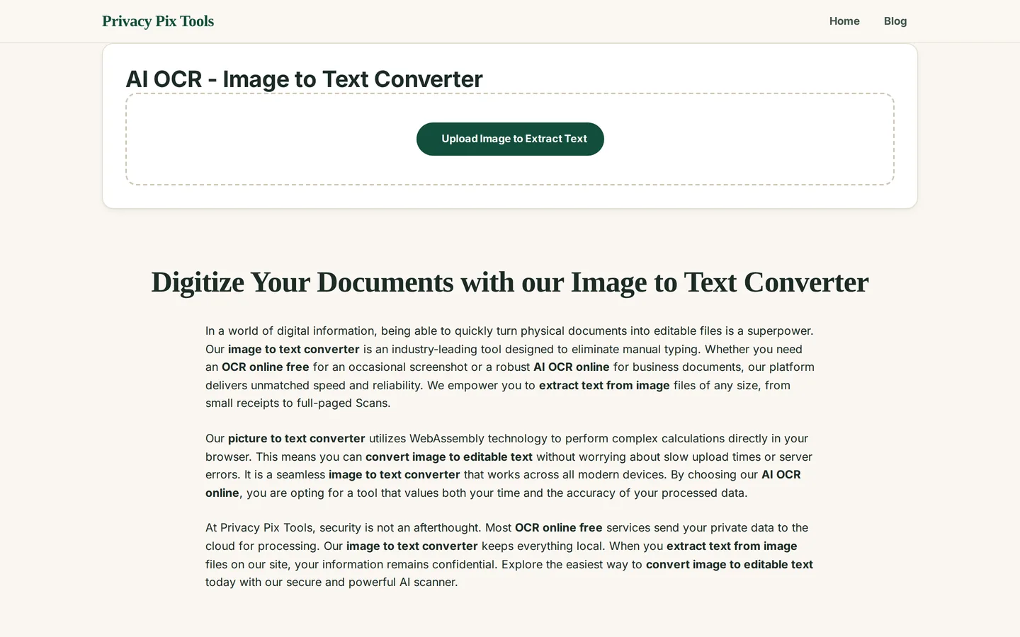 AI OCR tool with the Upload Image to Extract Text button