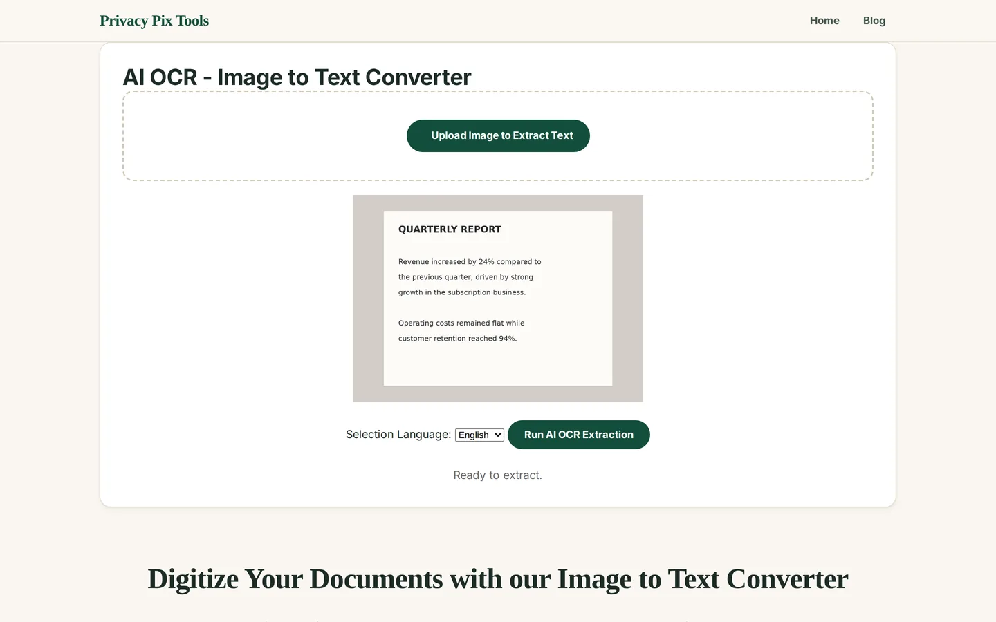 A document photo loaded in the OCR tool with language selection and Run AI OCR Extraction button
