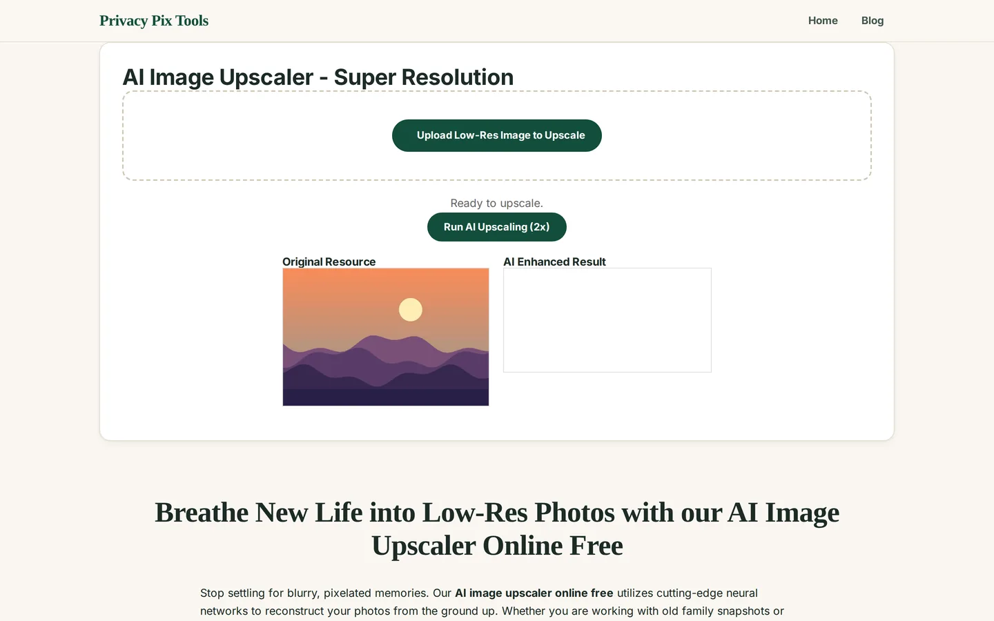 Original image loaded beside the AI Enhanced Result panel with the Run AI Upscaling button ready