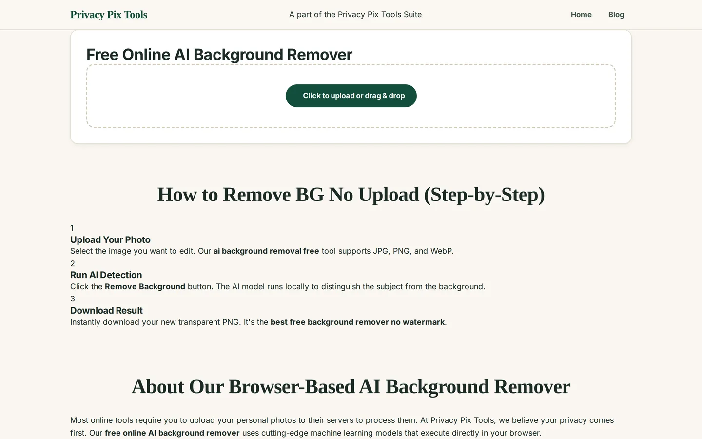 The AI Background Remover tool on Privacy Pix Tools showing the upload area with click to upload or drag and drop