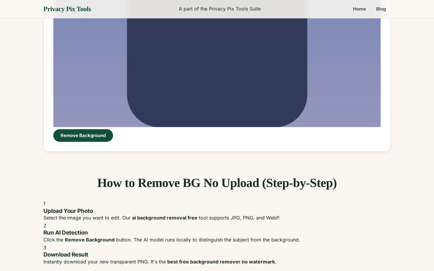 A portrait photo loaded in the background remover with the green Remove Background button ready to click