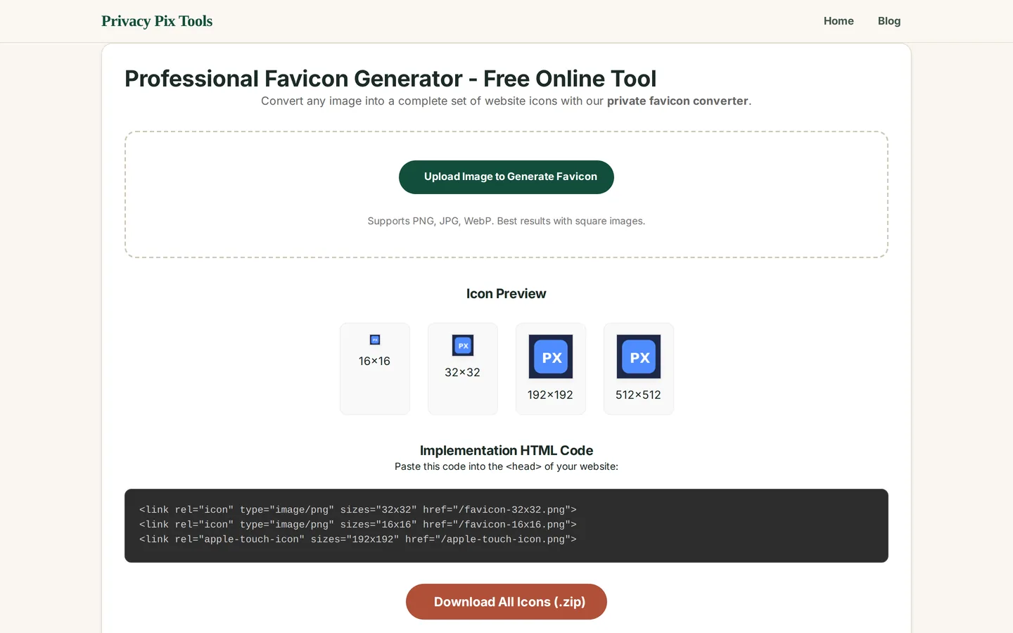 Implementation HTML code with link tags and the Download All Icons zip button