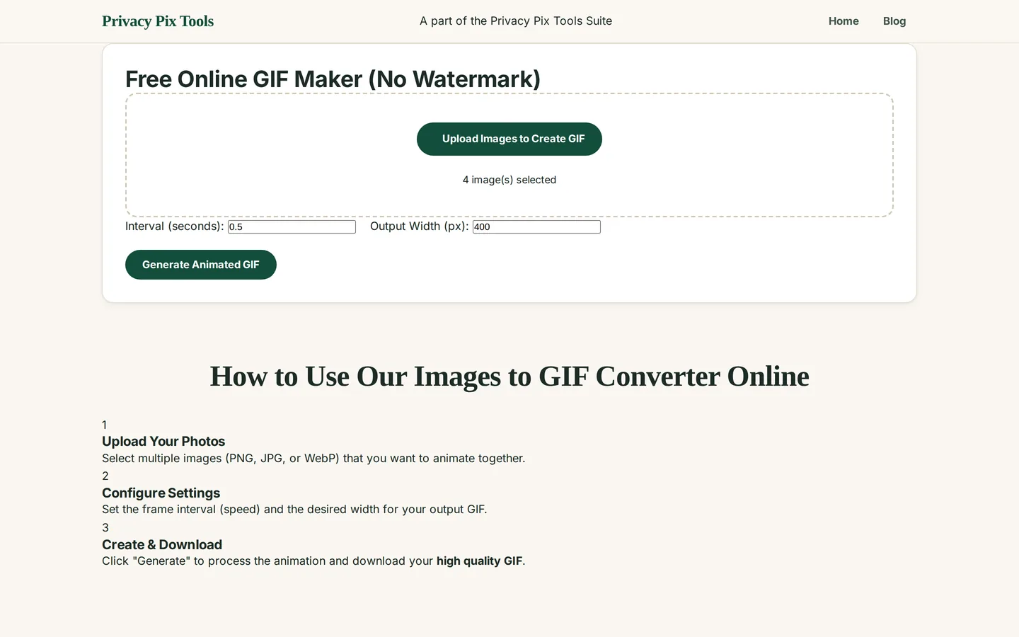 GIF Maker controls showing interval in seconds and output width with four images selected