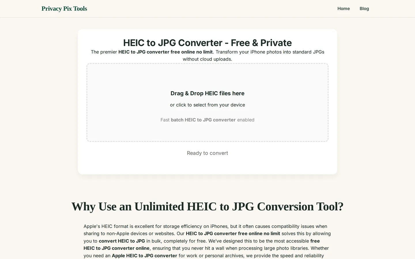 HEIC to JPG converter with a drag and drop zone for HEIC files