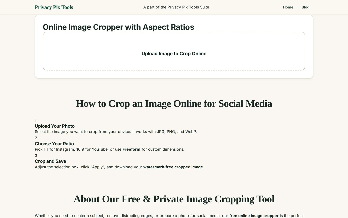 The Online Image Cropper upload screen with aspect ratio options