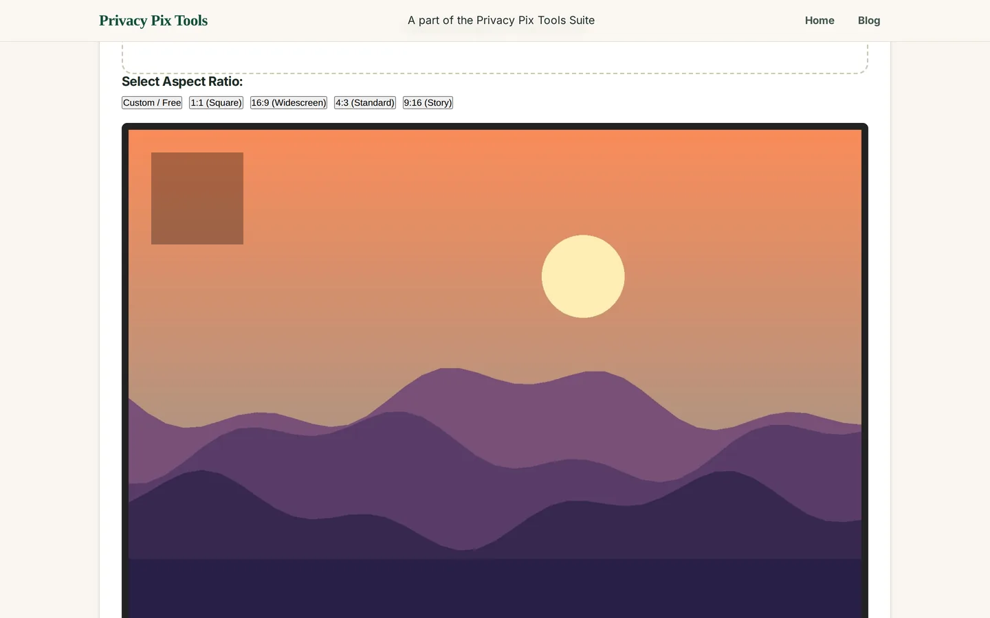 Crop selection box drawn over a landscape photo with the 1:1 square aspect ratio selected