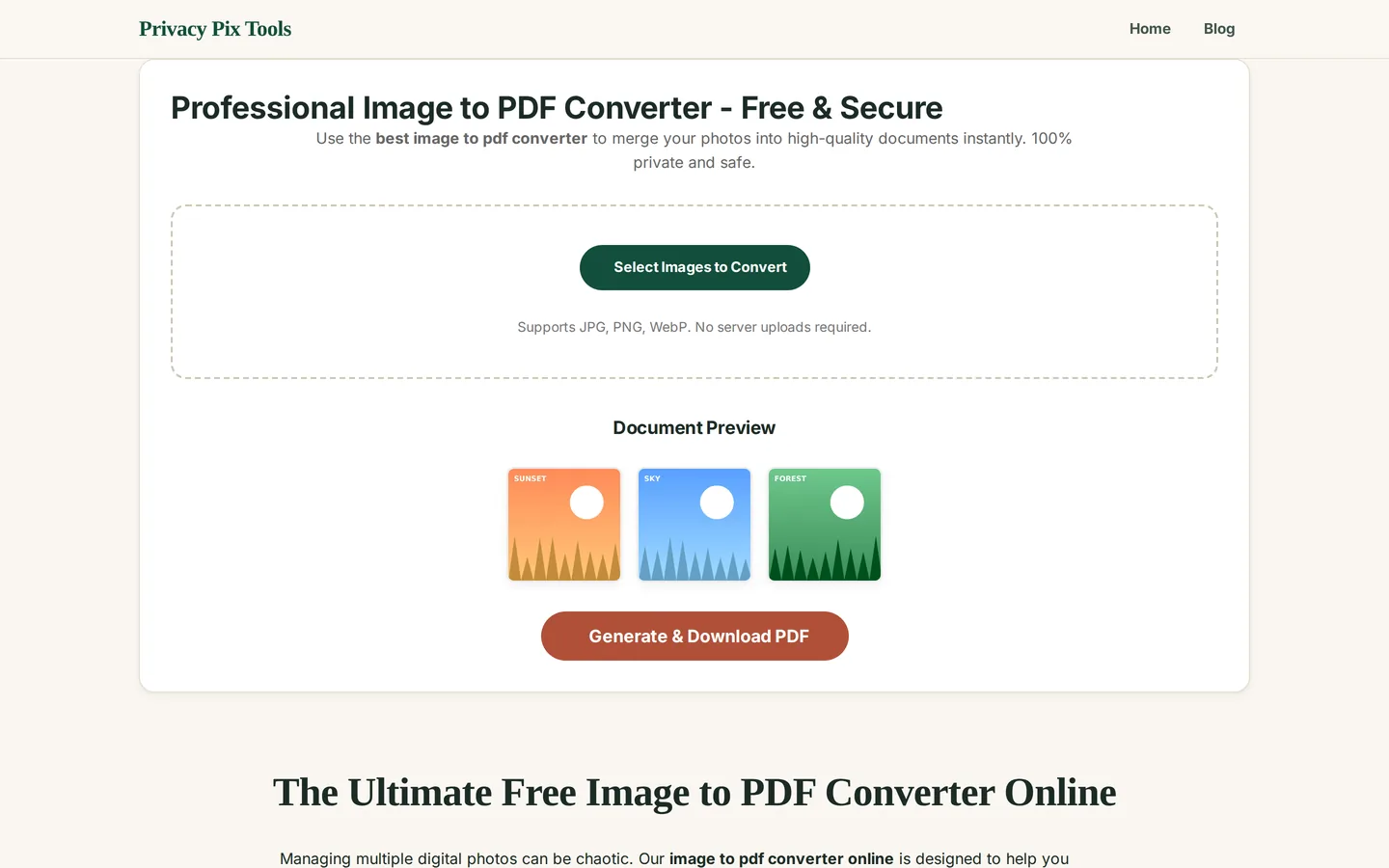 Document preview showing three images queued as PDF pages with the Generate and Download PDF button
