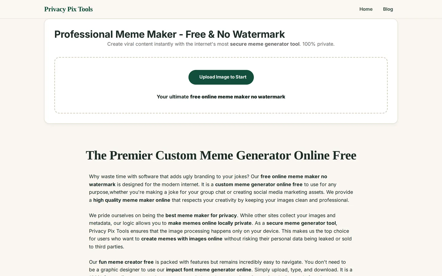 Meme generator upload screen with Upload Image to Start button