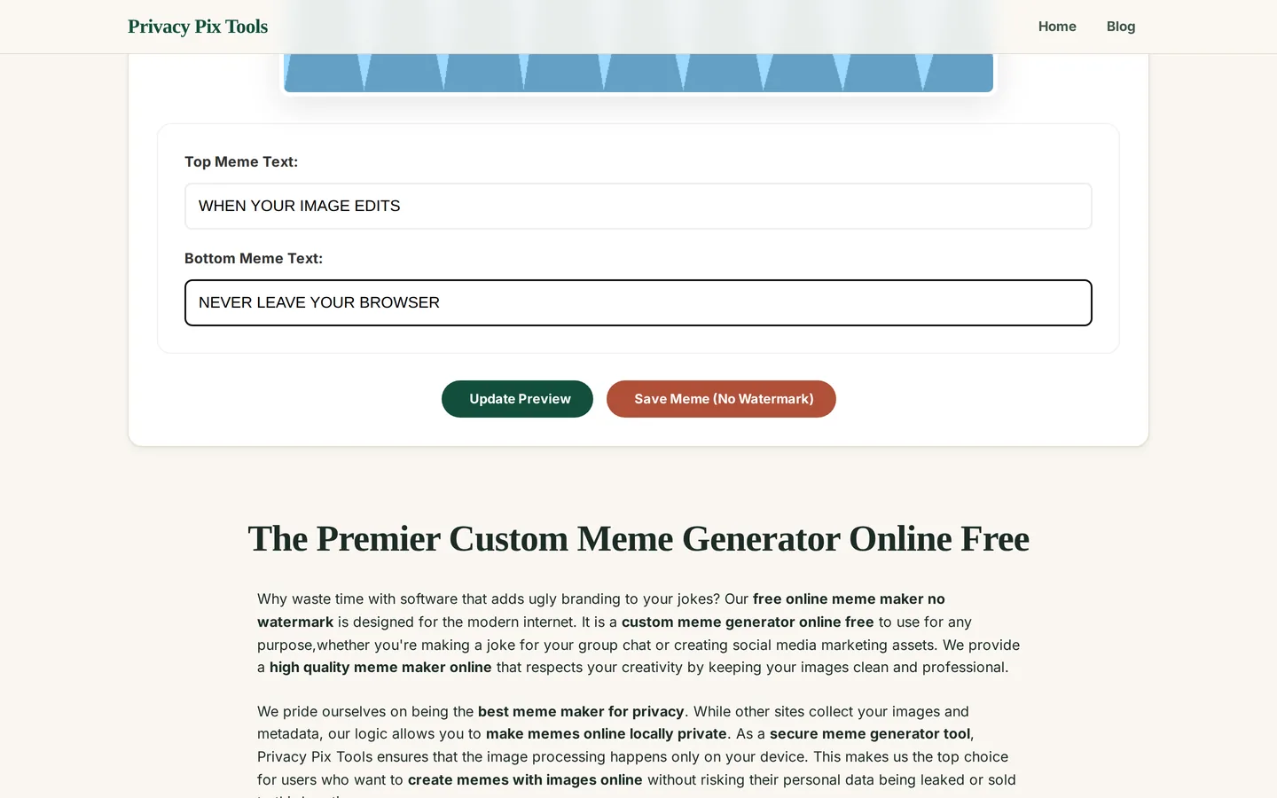 Top and bottom meme text fields filled in with Update Preview and Save Meme buttons