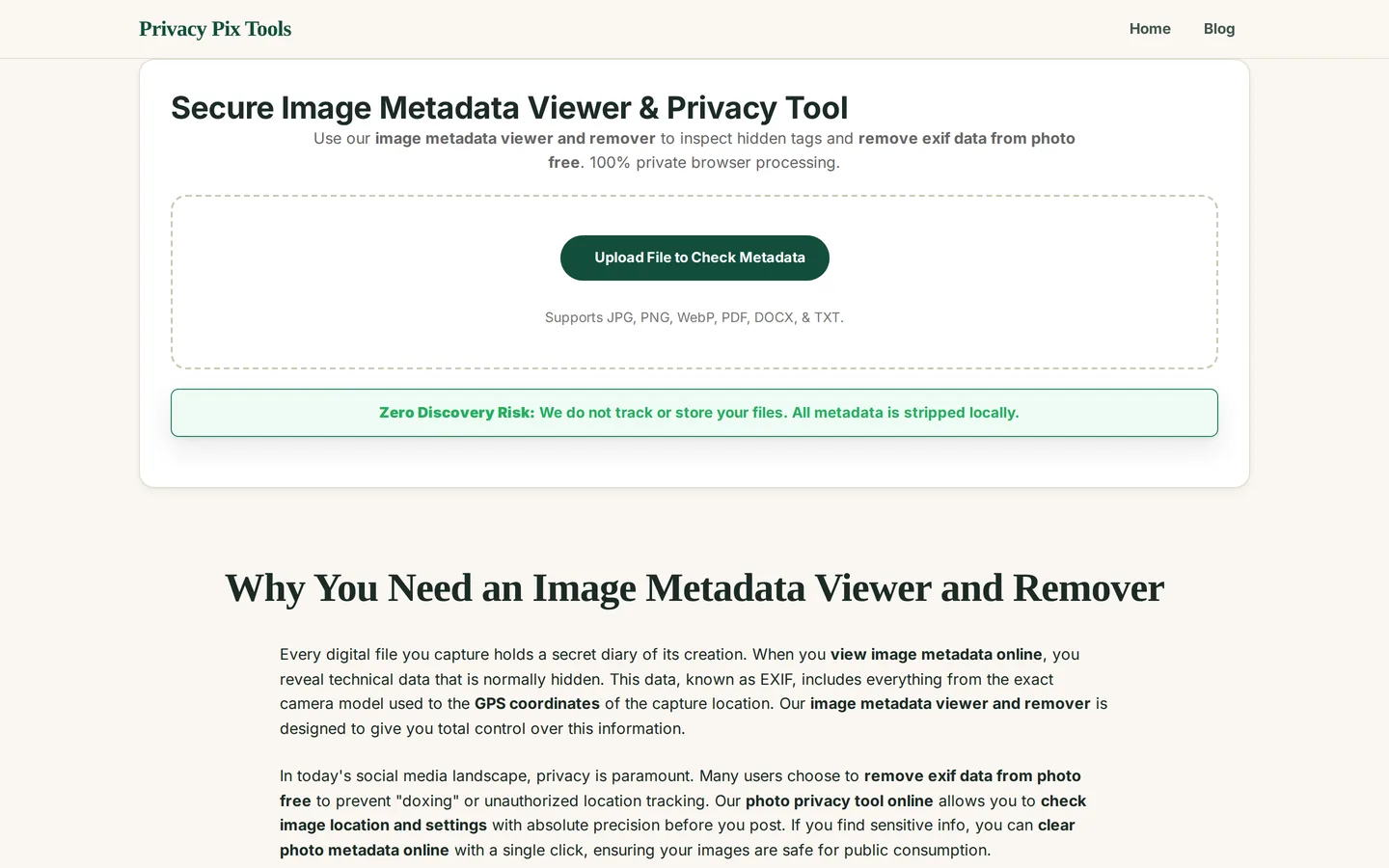 Metadata viewer upload screen supporting JPG, PNG, WebP, PDF, DOCX and TXT files