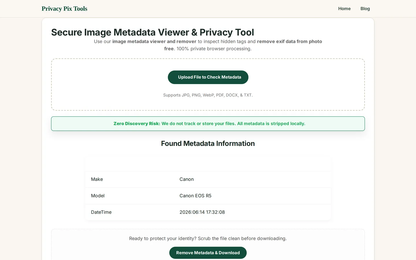 Found Metadata Information table showing camera make Canon, model EOS R5 and date time of capture
