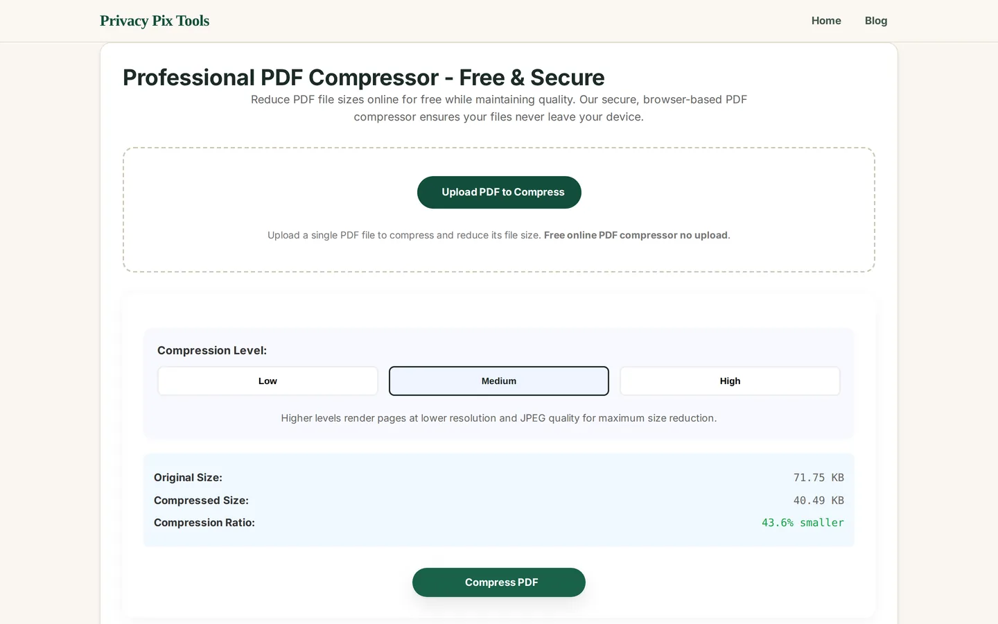 Compression result showing original size, compressed size and 43.6 percent smaller ratio