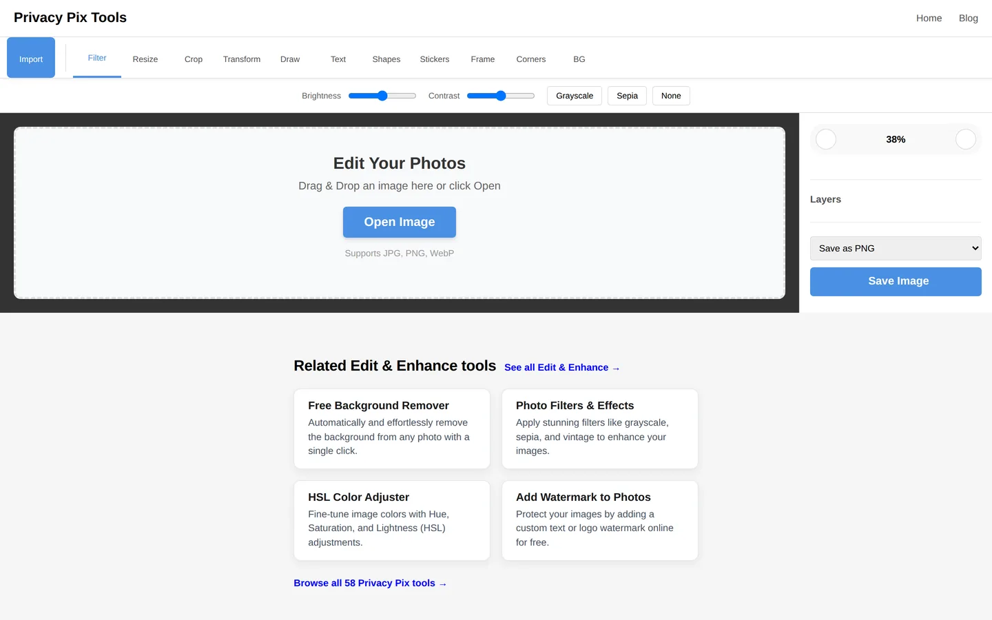 Photo Editor welcome screen with Open Image button and drag and drop support