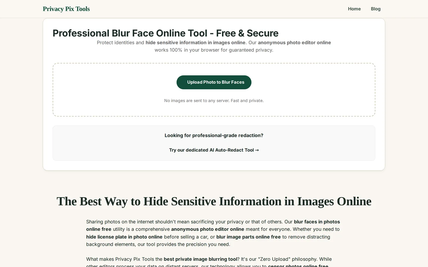 Privacy blur tool upload screen for blurring faces and sensitive information