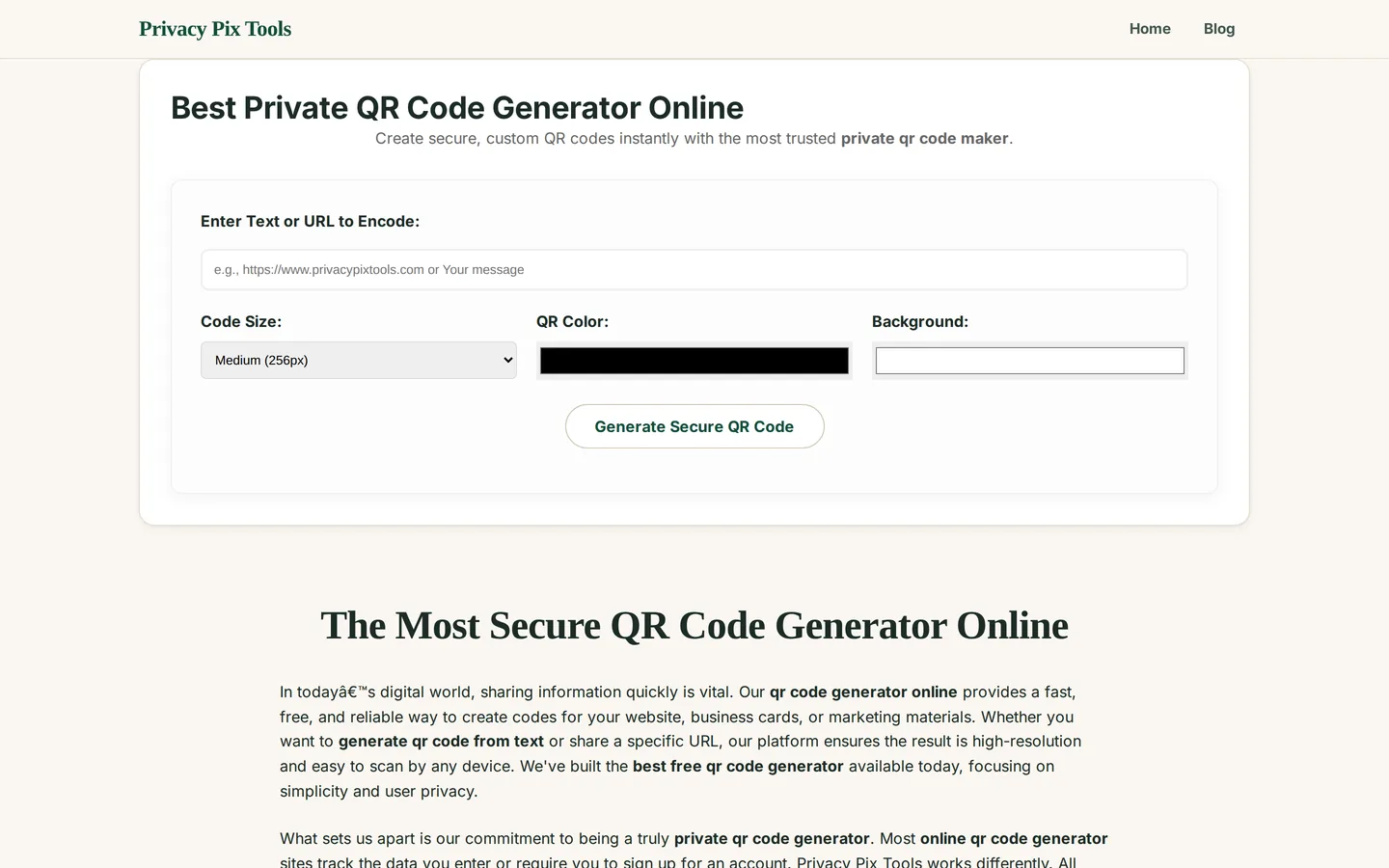 QR code generator form with text or URL input, size, color and background options