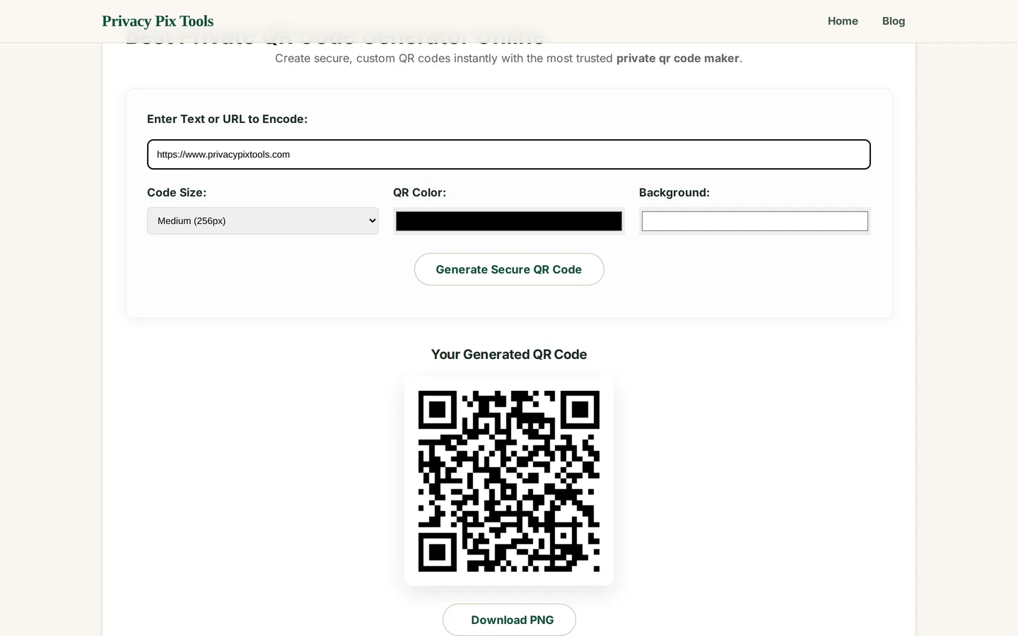 Generated QR code displayed with a Download PNG button