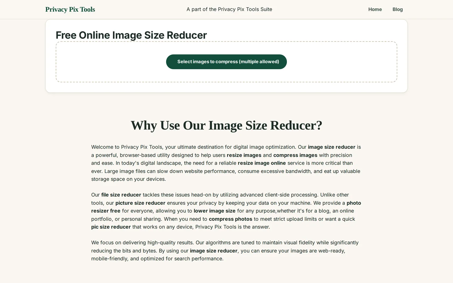 The Image Size Reducer upload screen with the select images to compress button