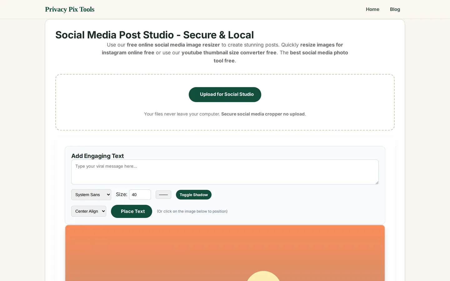 Photo loaded in the social studio canvas with text and sizing controls