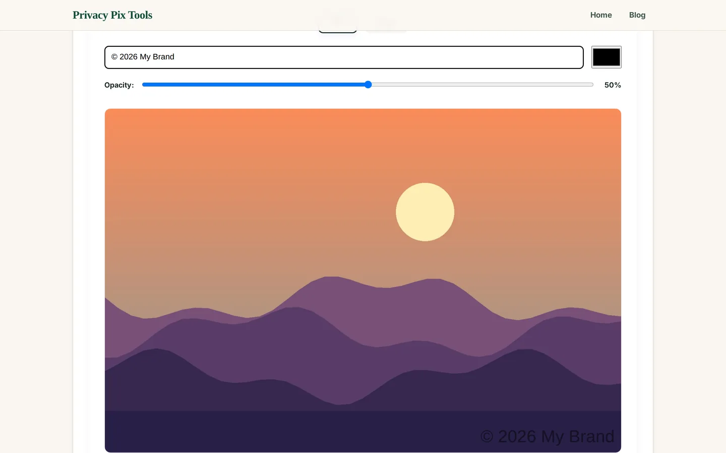 Live watermark preview showing the copyright text rendered on the photo at 50 percent opacity