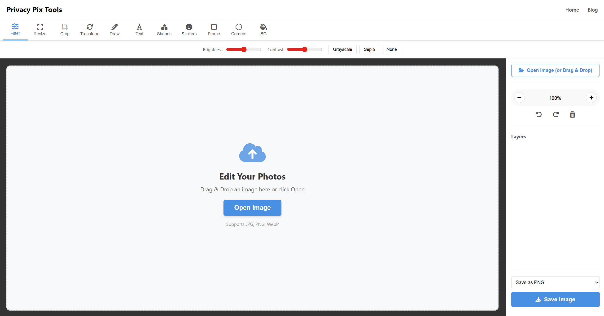 Privacy Pix Tools Photo Editor Interface showing the main toolbar with Filter, Resize, Crop, Transform, Draw, Text, Shapes, Stickers, Frame, Corners, and Background options