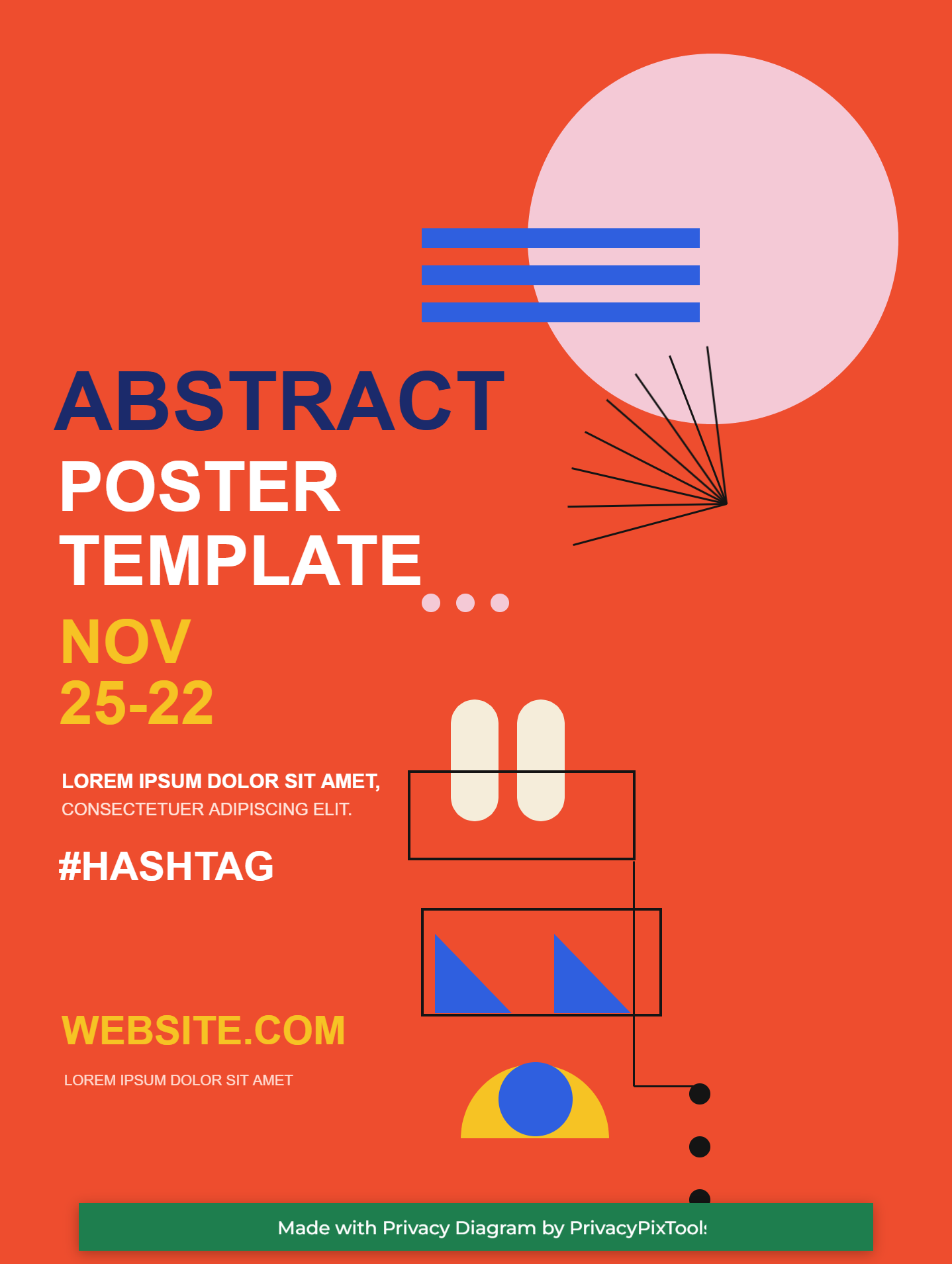 An abstract poster on a vibrant red background with bold ABSTRACT POSTER TEMPLATE type, blue stripes, a pale circle, a line sunburst, cream capsules, blue triangles, black square outlines and a half-circle motif.